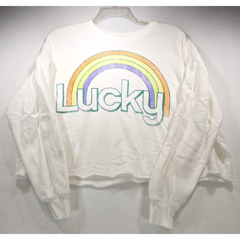 Grayson Threads Womens Lucky Rainbow Cropped Sweatshirt White Large Pullover